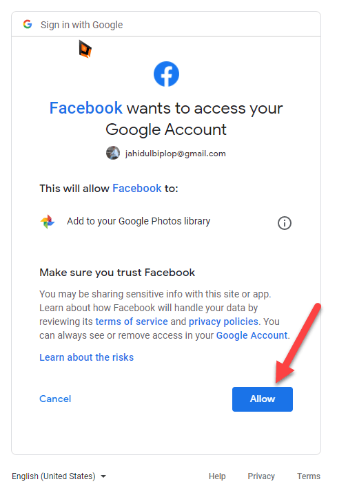 ফেসবুক ফটো ট্রান্সফার করুন Google Photos তে। 6 allow facebook